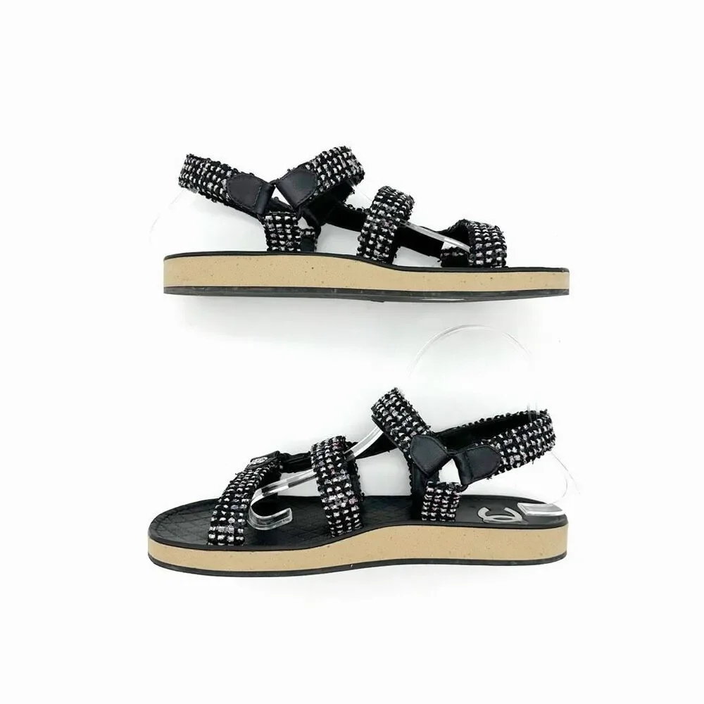 CHANEL Black Tweed Sequin Crystal Interlocking CC Dad Sandal Size 39.5 Slingback